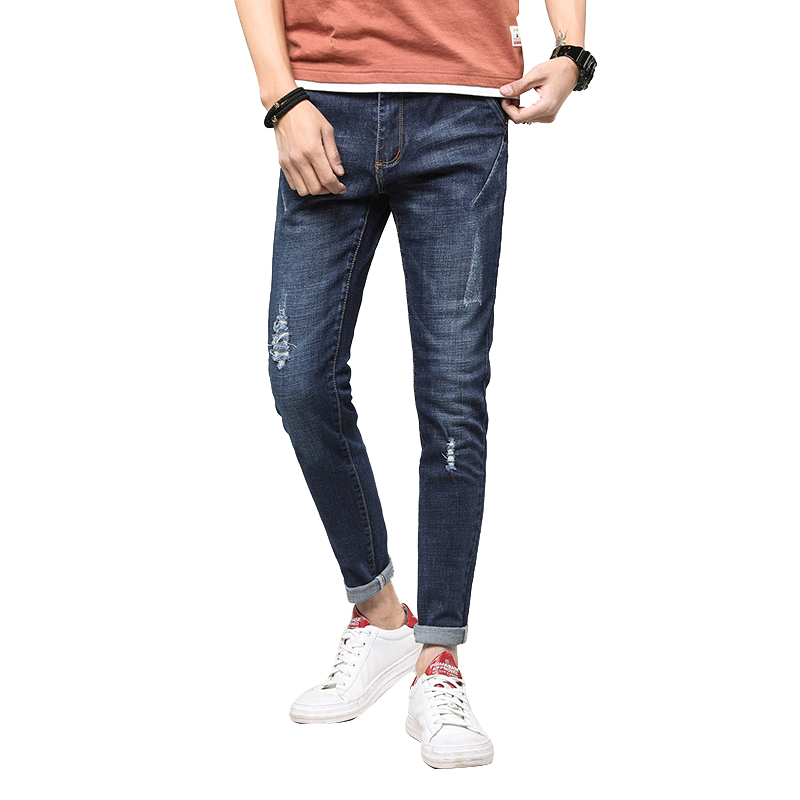 超音狼男装秋冬微弹修身拼接猫须磨白刮破牛仔长裤2018FT-719