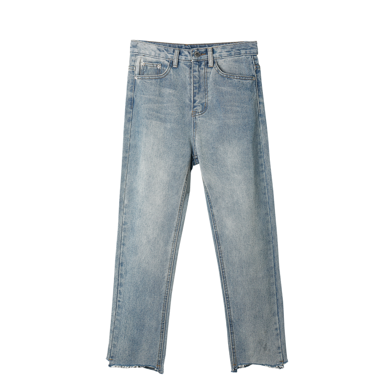 天淳尔女装秋季无弹宽松复古不规则毛边牛仔九分裤2018BJH-4030