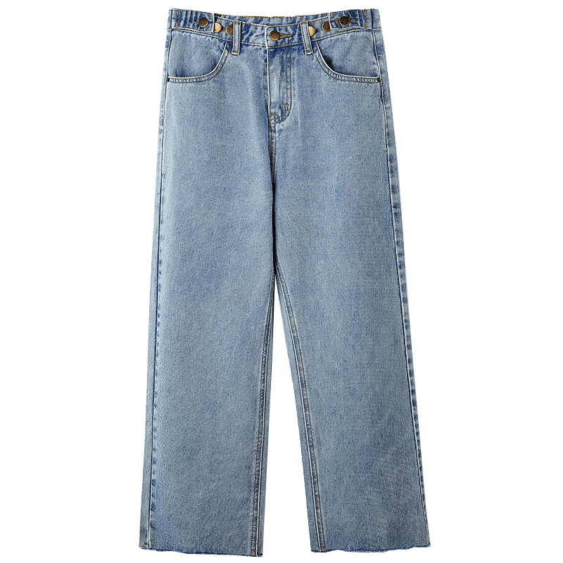 天淳尔女装秋季无弹调节纽扣阔腿毛边九分牛仔裤2018BJH-4488