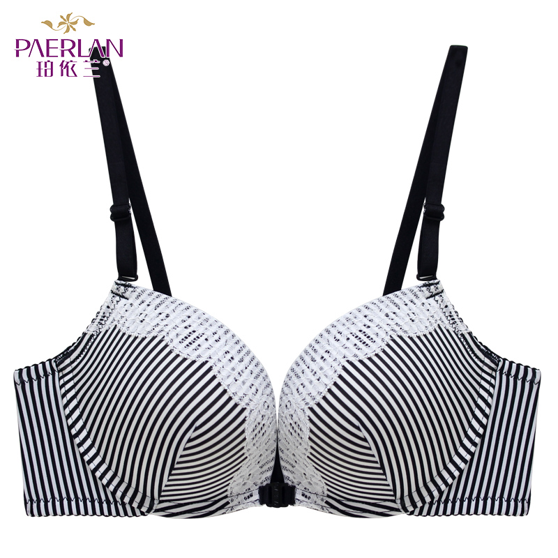 珀依兰 前扣无钢圈条纹蕾丝边性感文胸夏 小胸厚聚拢一片式女内衣