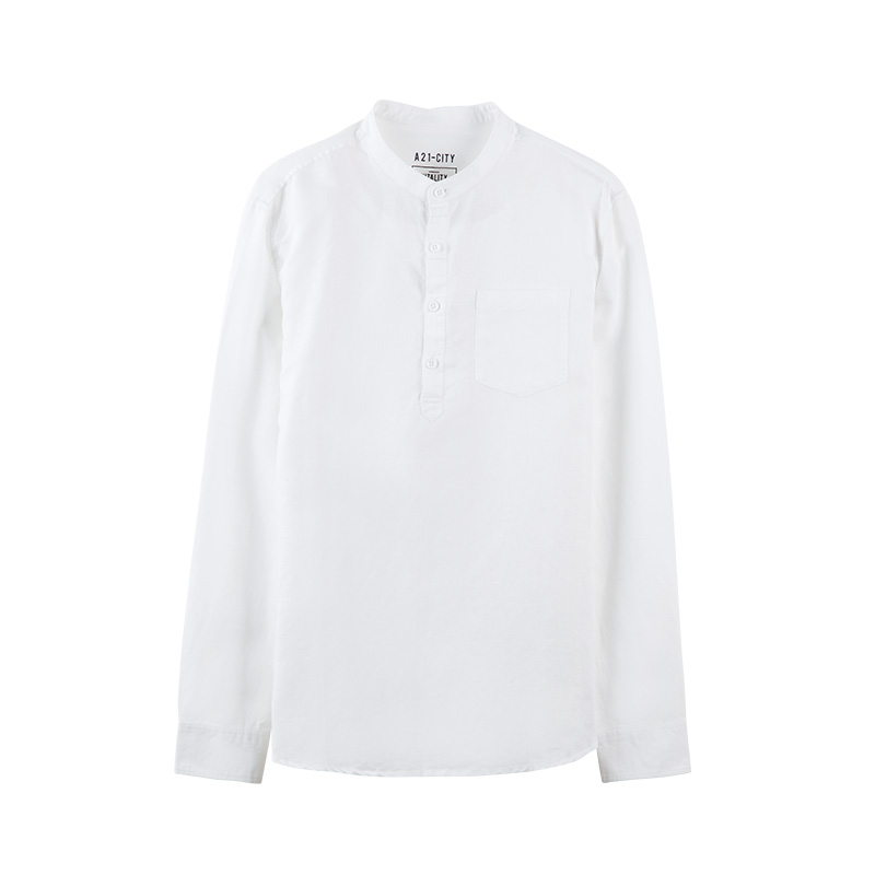 A21以纯线上品牌2017秋装新品亚麻棉纯色长袖衬衫男圆领简约衬衣4731170007