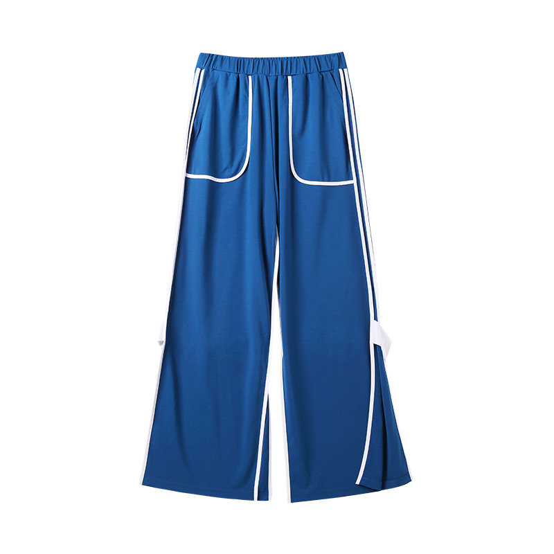 A21以纯线上品牌2018春季新品宽松撞色休闲裤女高腰直筒开叉长裤4812370002