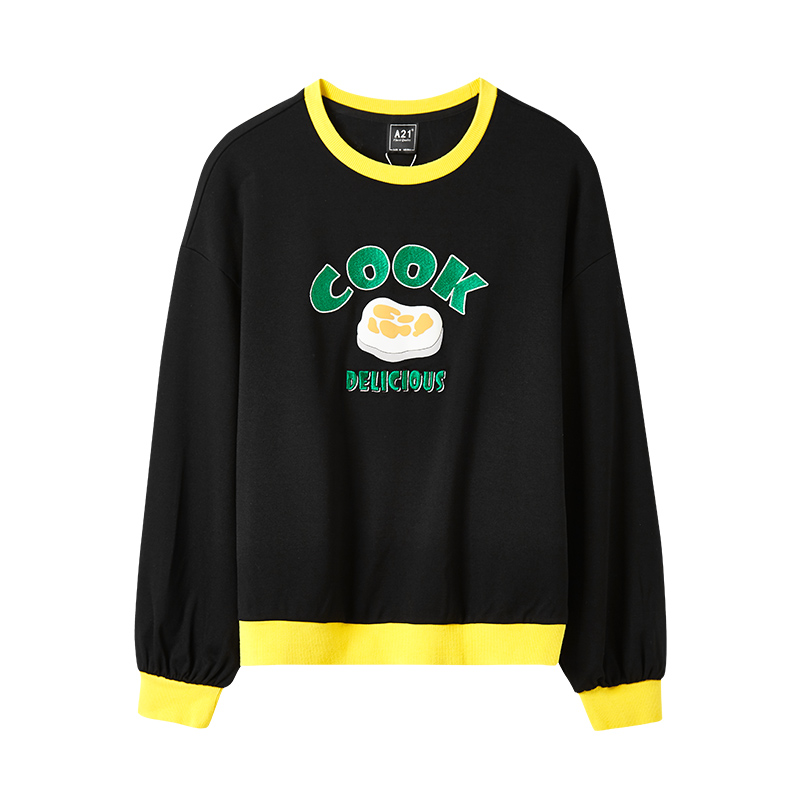 A21以纯线上品牌2018春装新品卡通印花半高领卫衣女宽松撞色女上衣4812317001