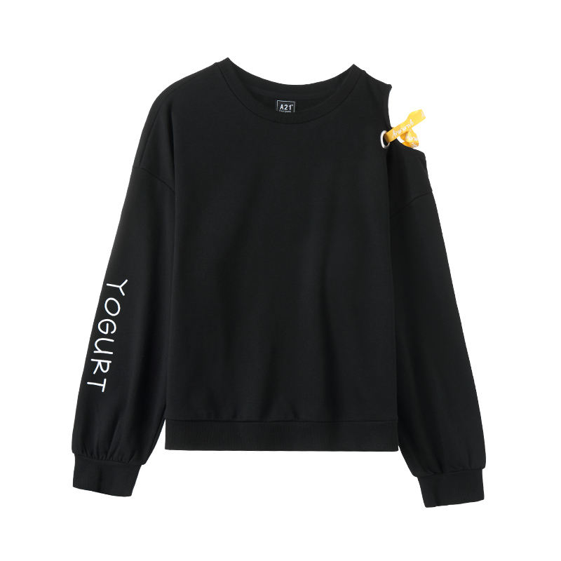 A21以纯线上品牌2018春装新品宽松卫衣女字母织带时尚肩部镂空上衣4812310013