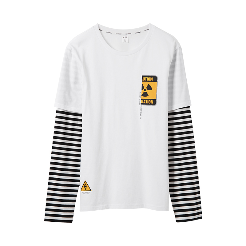 A21以纯线上品牌2018春装新品圆领假两件长袖T恤男时尚条纹上衣男4811315000