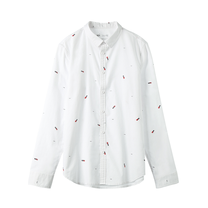 A21以纯线上品牌2018春装新品牛津纺修身衬衫男休闲印花青年男衬衣4811170020
