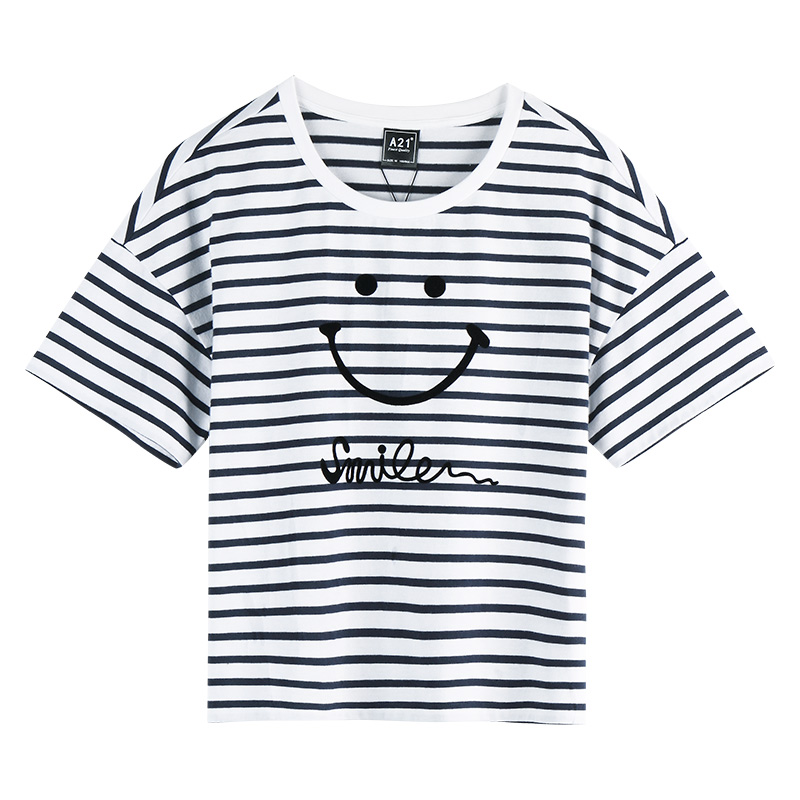 以纯线上品牌a21夏装新款短袖T恤女条纹微笑印花圆领短袖衫4722330070