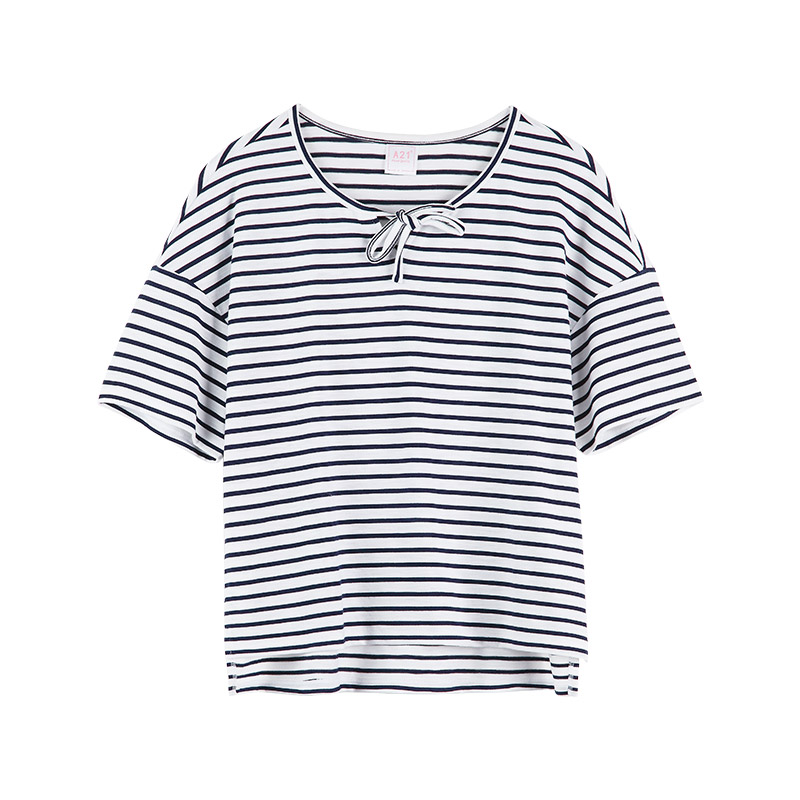 以纯线上品牌a21夏装新款短袖T恤女时尚条纹系带个性下摆上衣4722330096