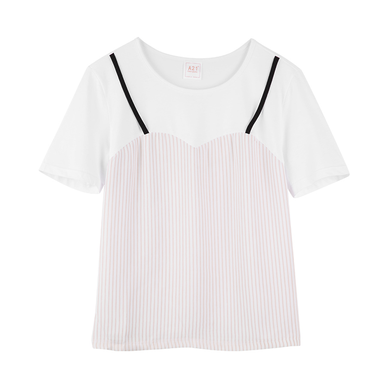 以纯线上品牌a21 夏装新款短袖T恤女假两件圆领百搭时尚上衣4722330016
