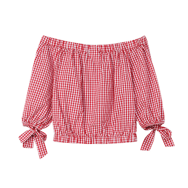 A21以纯线上品牌2018夏装新品格子衬衫女休闲甜美一字领宽松上衣女4822175005