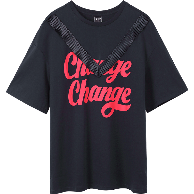 A21以纯线上品牌2018夏装新品针织圆领T恤女字母印花短款上衣女4822320007