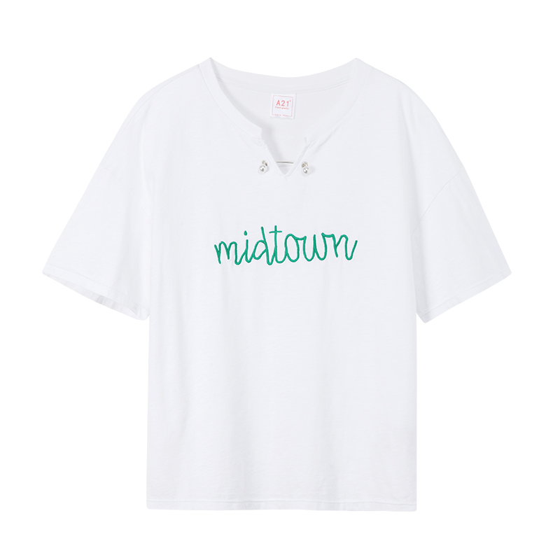 A21以纯线上品牌2018夏装新品女装学生纯棉字母刺绣落肩体恤上衣4822330034