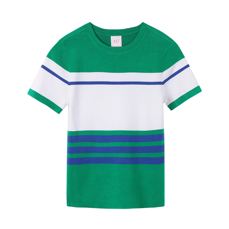 A21以纯线上品牌2018夏装新品圆领T恤女修身短袖拼色条纹上衣女4822230000