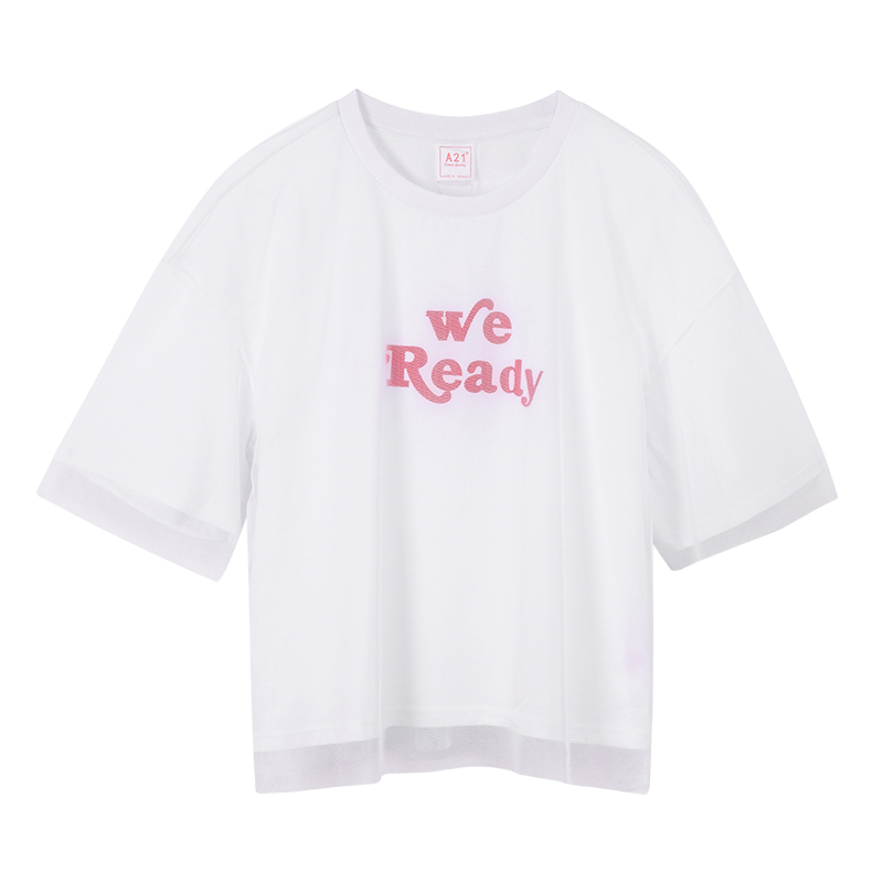 A21以纯线上品牌2018夏装新品圆领短款t袖女网纱拼接印花上衣女4822320010