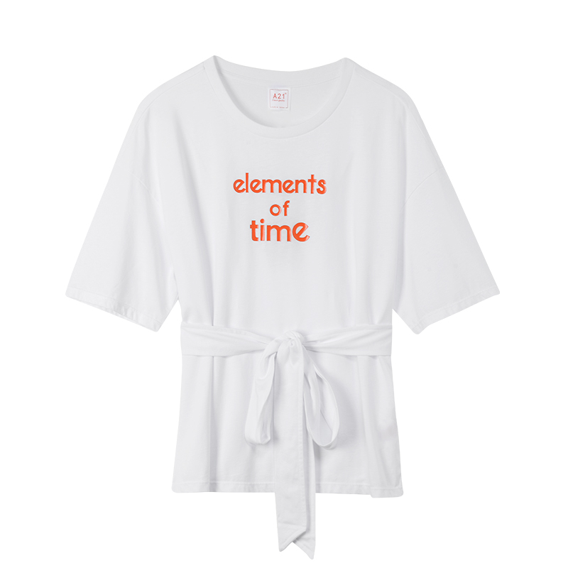 A21以纯线上品牌2018夏装新品圆领短袖T恤女落肩印花休闲上衣女4822330027