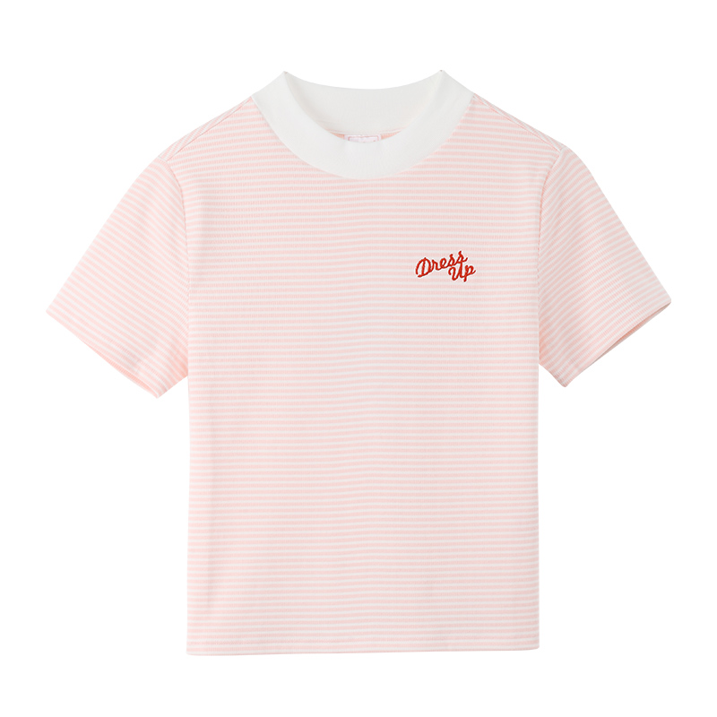 A21夏季粉色T恤女弹力舒适撞色条纹可爱刺绣半高领短袖宽松上衣女4822337000