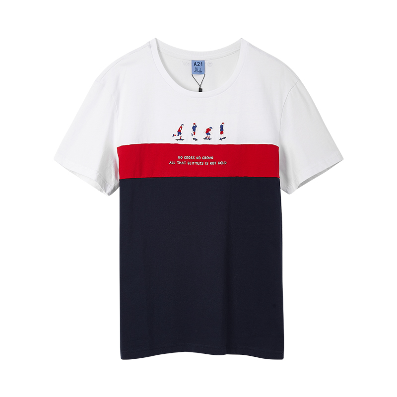 A21以纯线上品牌2018夏季新品男装短袖T恤男刺绣图案撞色圆领短袖男4821330100