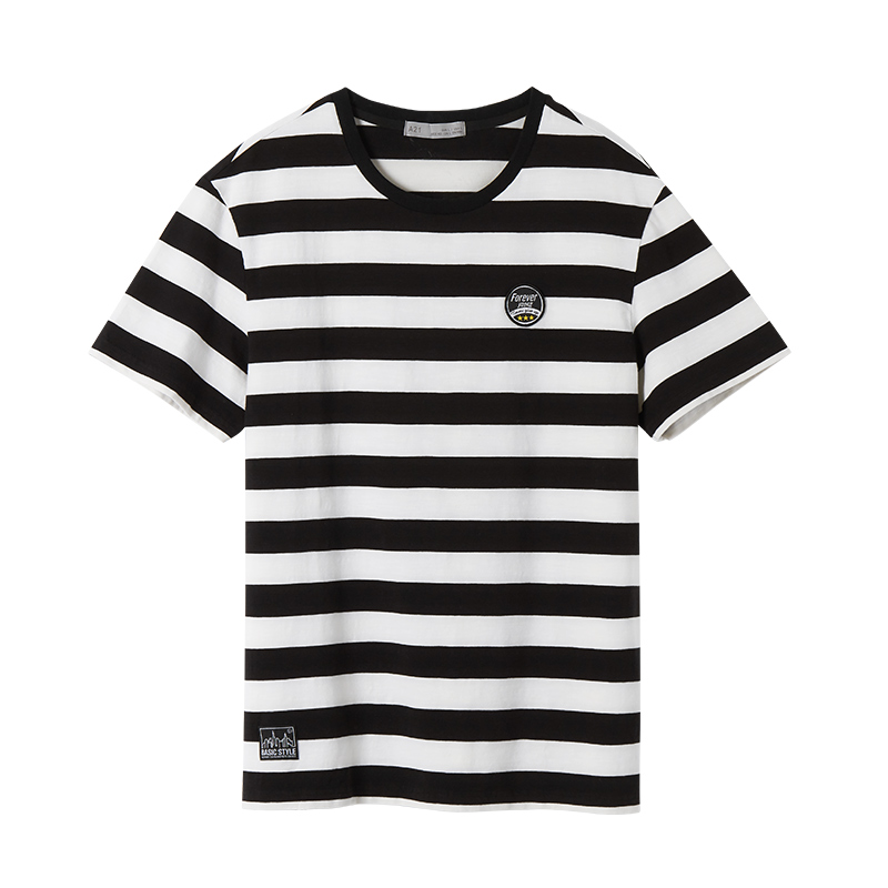 A21以纯线上品牌2018夏季新品男装圆领条纹T恤男弹力短袖男潮绣章4821330003