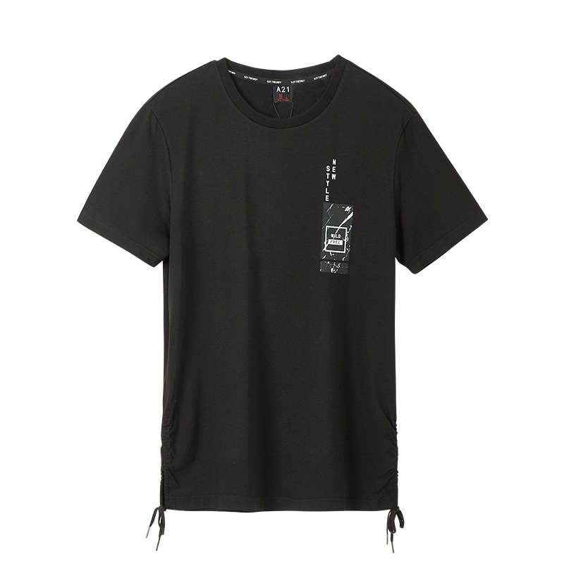 A21以纯线上品牌2018夏季新品男装短袖T恤男圆领绑带下摆短袖男T恤4821330048