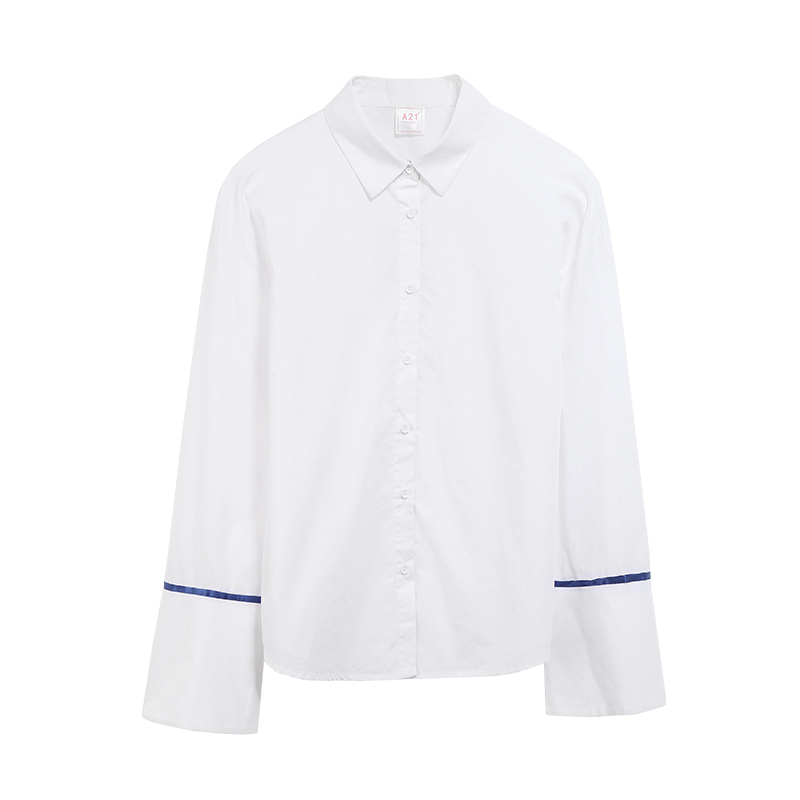 A21秋季新款女装 纯棉舒适宽松翻领长袖衬衫撞色刺绣淑女百搭上衣4832170000
