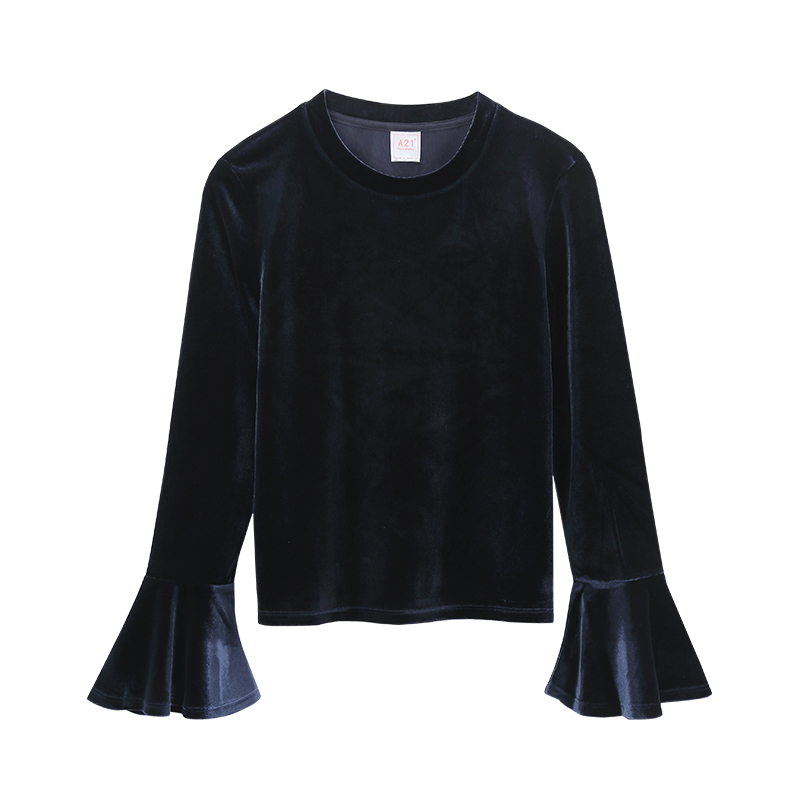 A21秋季2018新款女装纯色针织修身长袖T恤圆领百搭喇叭袖女上衣
