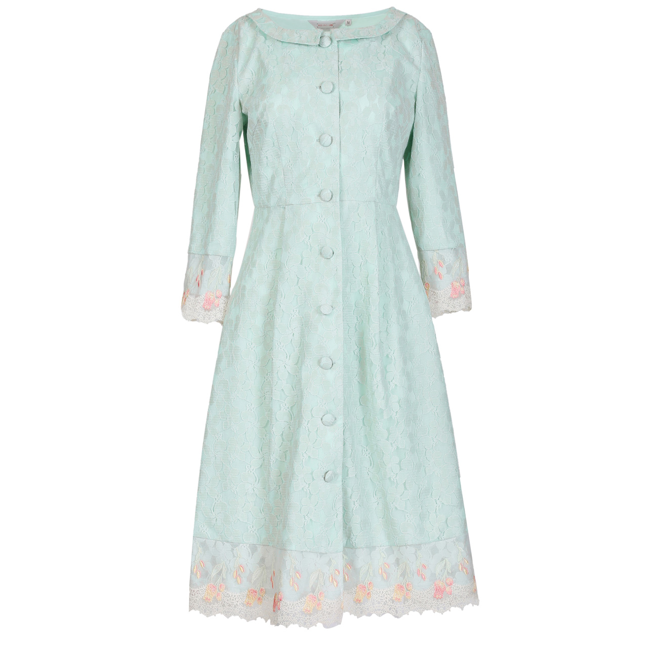 烟花烫2018春新款女装纯色七分袖蕾丝花边中长风衣外套 清品37111001