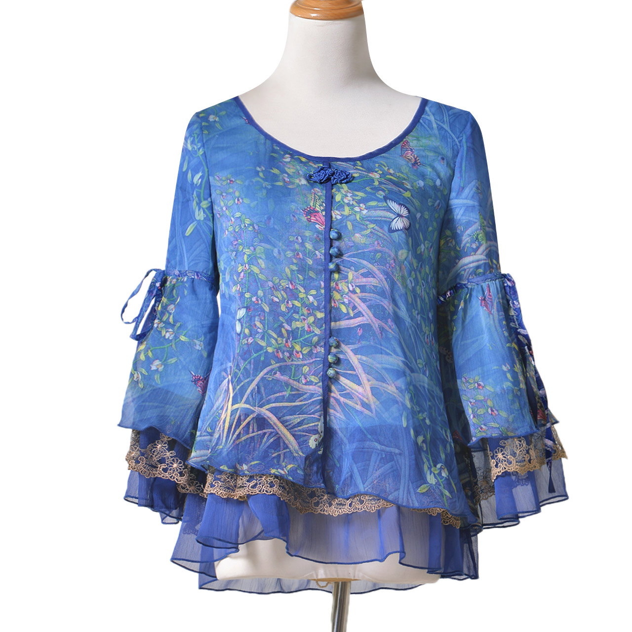 烟花烫2018秋季新款女装百搭印花七分袖荷叶边雪纺上衣 醉蝶27005501