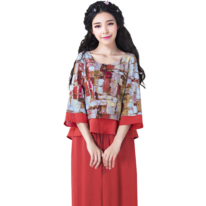 烟花烫复古百搭印花短款七分袖上衣T恤 子画25187501