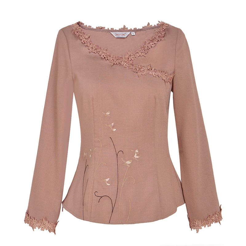 烟花烫2018秋装新品女装气质复古修身棉麻绣花T衬衫上衣 唱阳光3730440