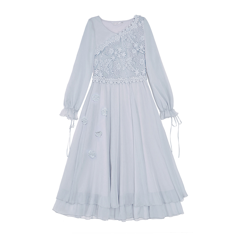 烟花烫2018春新款女装修身收腰蕾丝拼接中长连衣裙 尖荷3730420