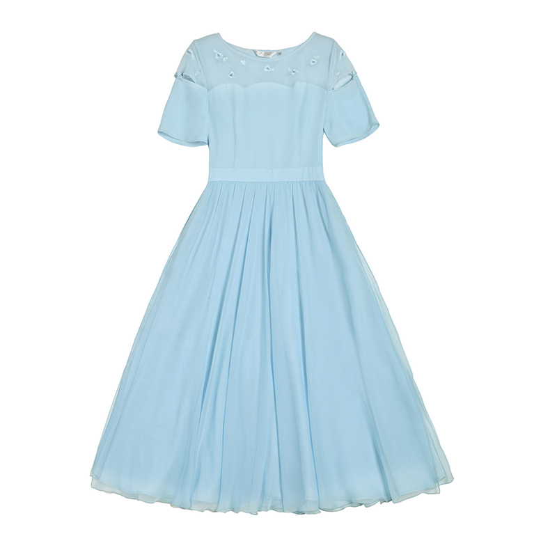 烟花烫2018春夏新款女装收腰绣花网纱雪纺大摆连衣裙 朵花37220101