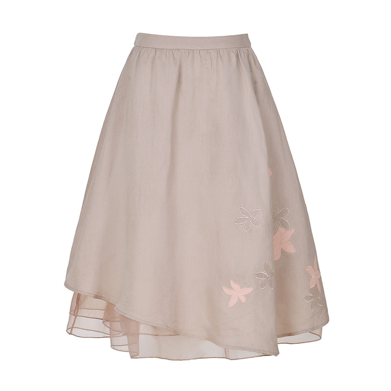 烟花烫2018春夏新款绣花拼接中长款中腰棉麻半身裙 胧明37202501