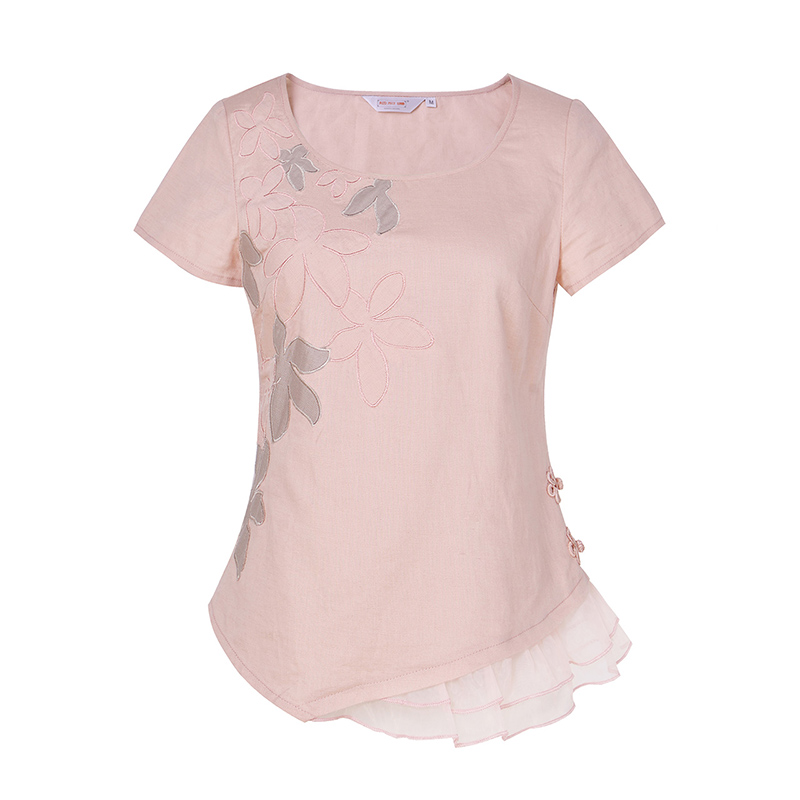 烟花烫2018春夏新款女装棉麻绣花拼接衬衫T恤上衣 月华37202401