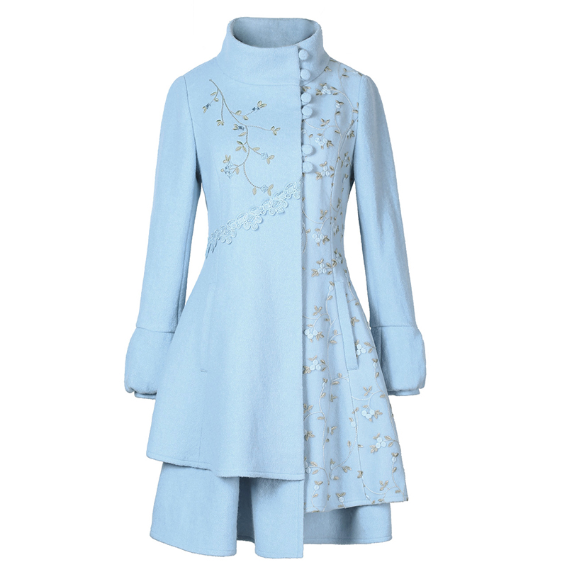 烟花烫2018秋冬新款女装气质修身多色绣花毛呢大衣外套 琳珏29024401