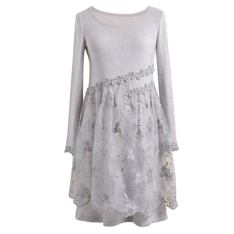 烟花烫2018秋季新款女装纯色百搭蕾丝打底针织长袖连衣裙女士 悦颖29019101