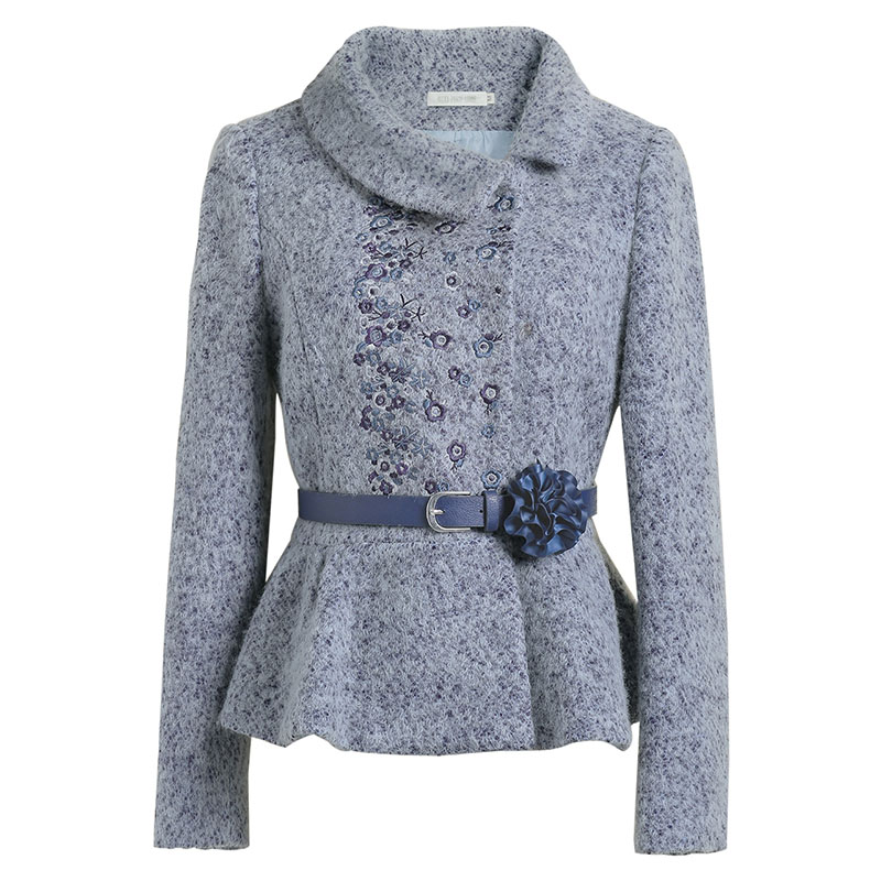 烟花烫2018秋季新款女装修身纯色绣花毛呢上衣外套 秋水27011101