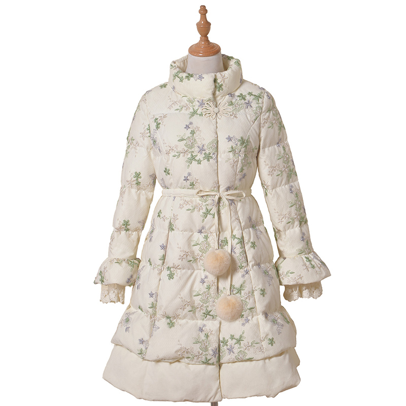 烟花烫2018冬季新女装修身绣花中长款羽绒服 香致29005401