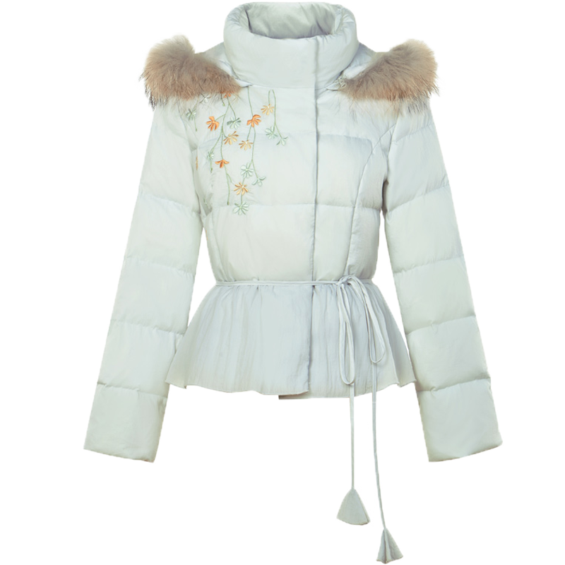 烟花烫2018冬新款女气质修身收腰毛领绣花短外套羽绒服 漫云3741210