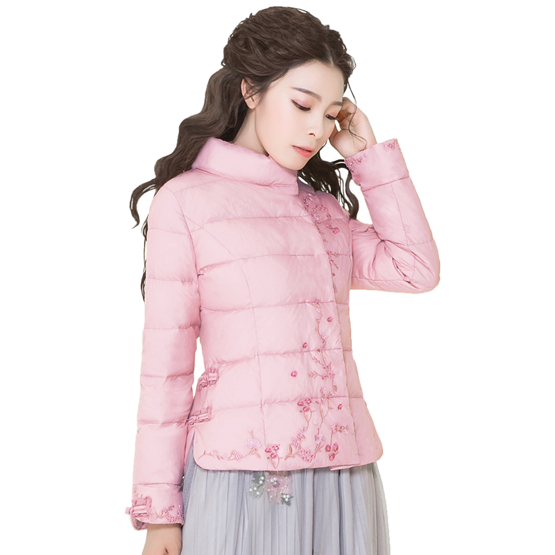 烟花烫2018冬新款女装气质修身立领绣花短款外套羽绒服 粉水晶3742210