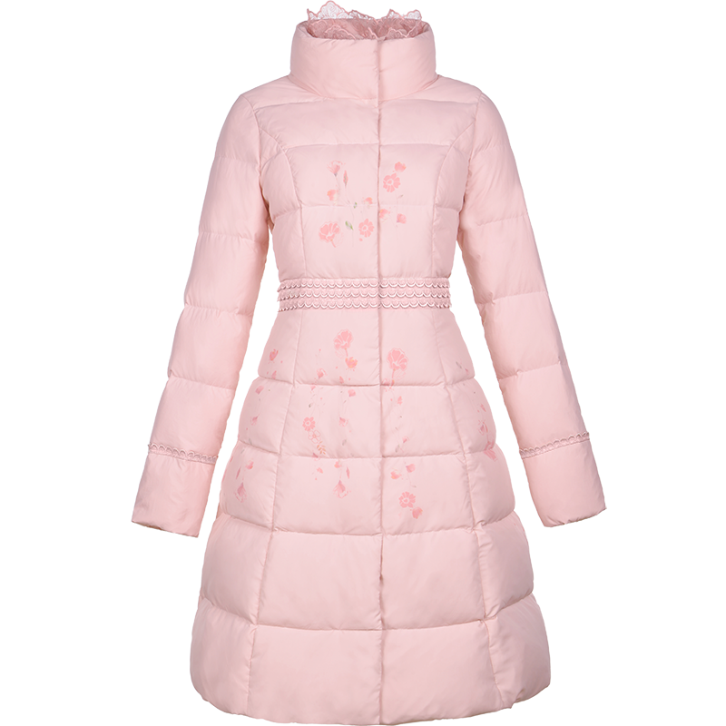 烟花烫2018冬装新款女装气质绣花显瘦高领A摆中长羽绒服 容辉3741280