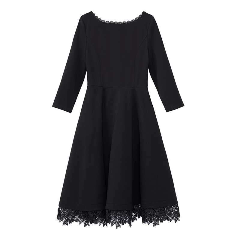 烟花烫尔叙2018秋季装新款女套头七分袖纯色小黑裙连衣裙 逢仙子3812750