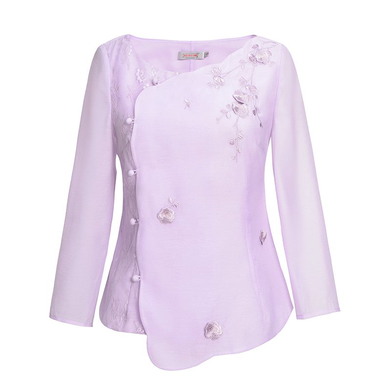 烟花烫2018春夏新款女装复古优雅绣花气质圆领套头衬衣 仙女杯3732010