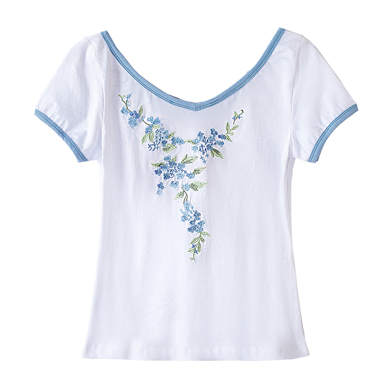 烟花烫2018夏新款V领套头绣花时尚淑女修身显瘦短袖女T恤 岑静3812940