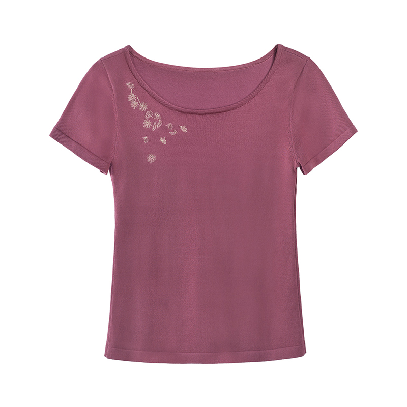 烟花烫苏白2018夏新款绣花修身显瘦淑女纯色时尚短袖T恤 卿勉3811540