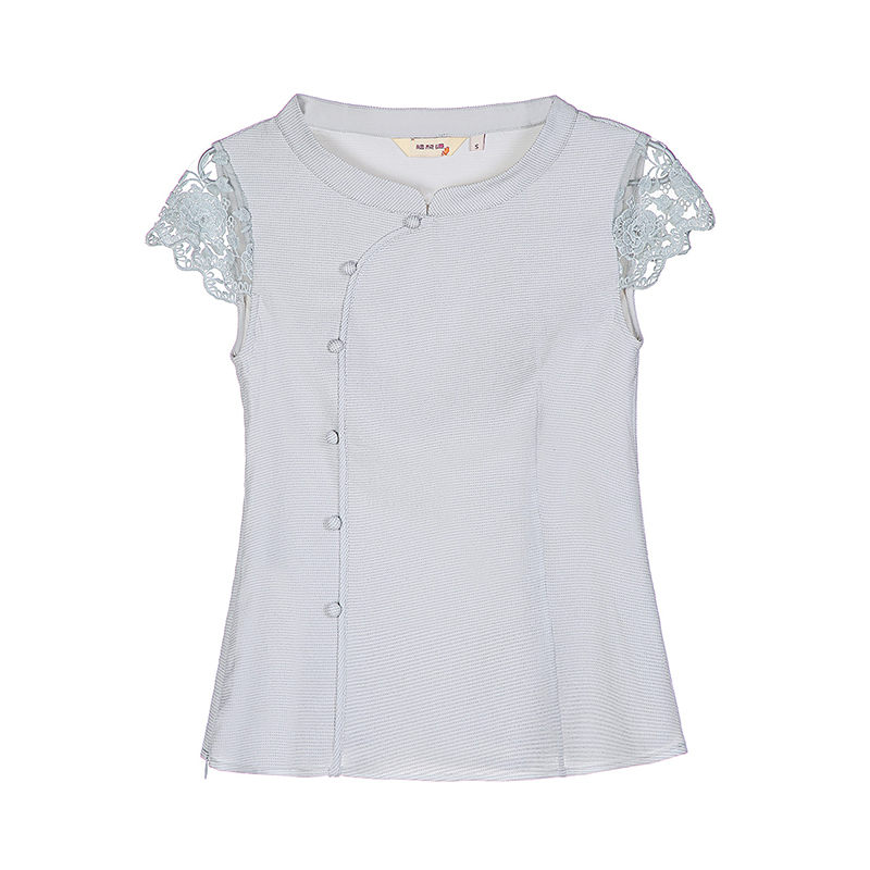 烟花烫2018夏新款立领包扣复古修身时尚淑女T恤短袖 无字书3820440