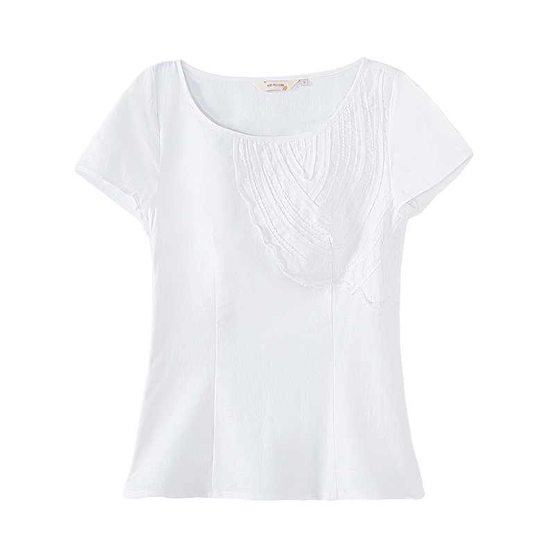烟花烫2018夏新款圆领绣花纯色时尚淑女收腰显瘦短袖T恤 时寂3820230