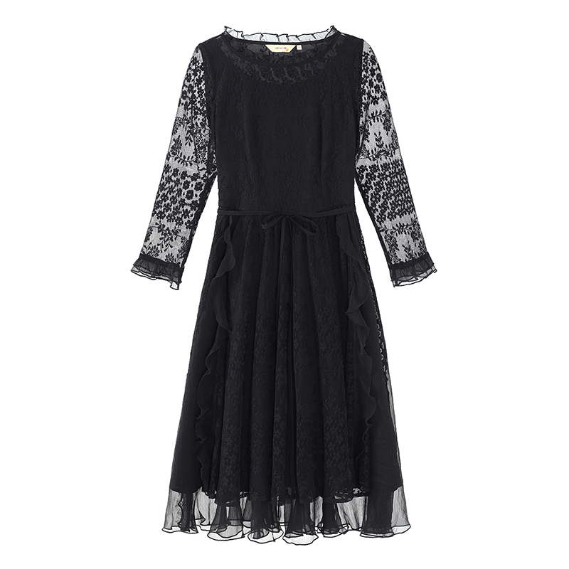 烟花烫尓叙连衣裙女秋2018新款女装绣花系带黑色大摆a字裙 殊意3831800