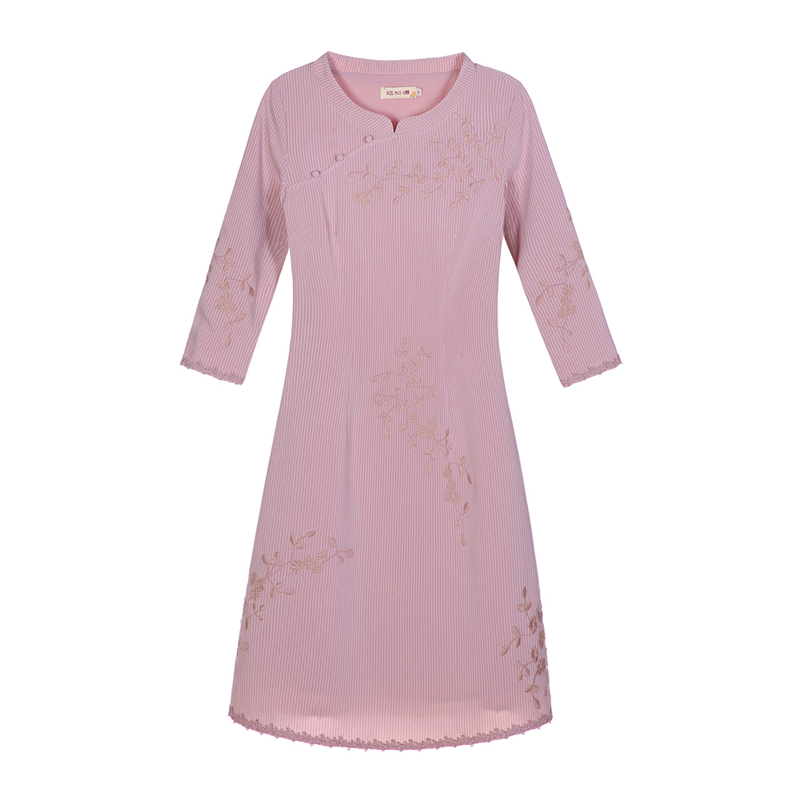 烟花烫连衣裙女秋2018新款女装绣花复古纯色简约a字裙 落花溪3812840