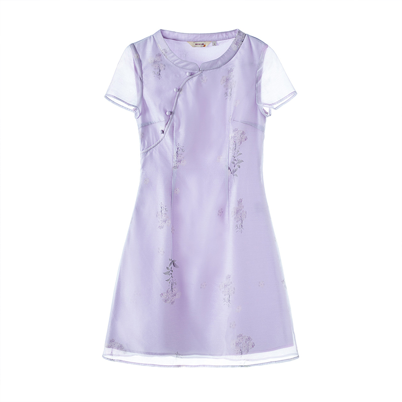 烟花烫短袖女2018夏装新款中式复古印花收腰显瘦连衣裙 蕴情3822460