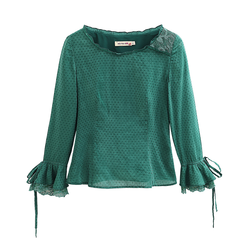 烟花烫秋装女2018新款衬衫喇叭袖绣花蕾丝收腰显瘦上衣 金荷里3832190